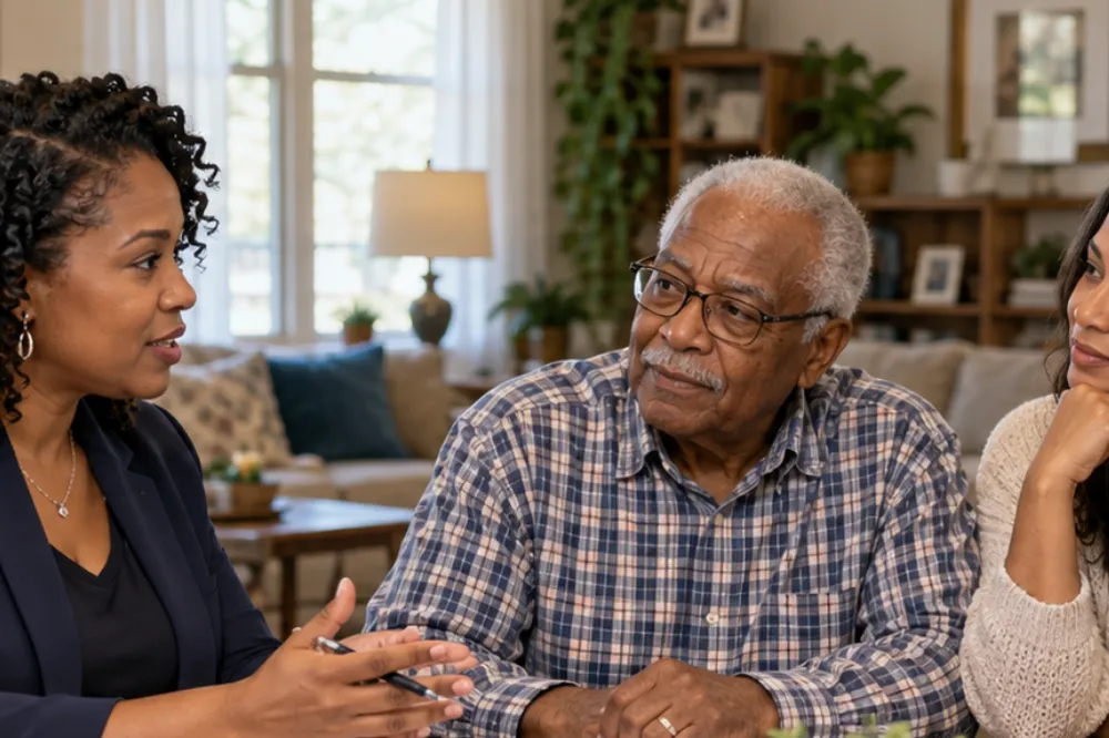 A coordinator talking with an older man and his family