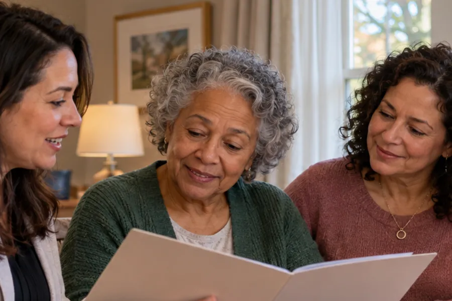 A caregiver and a family member reading with an older woman