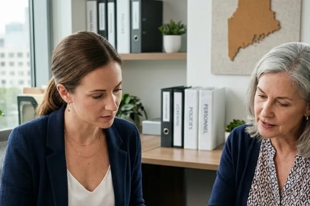 An agency owner reviewing paperwork with a colleague at her desk